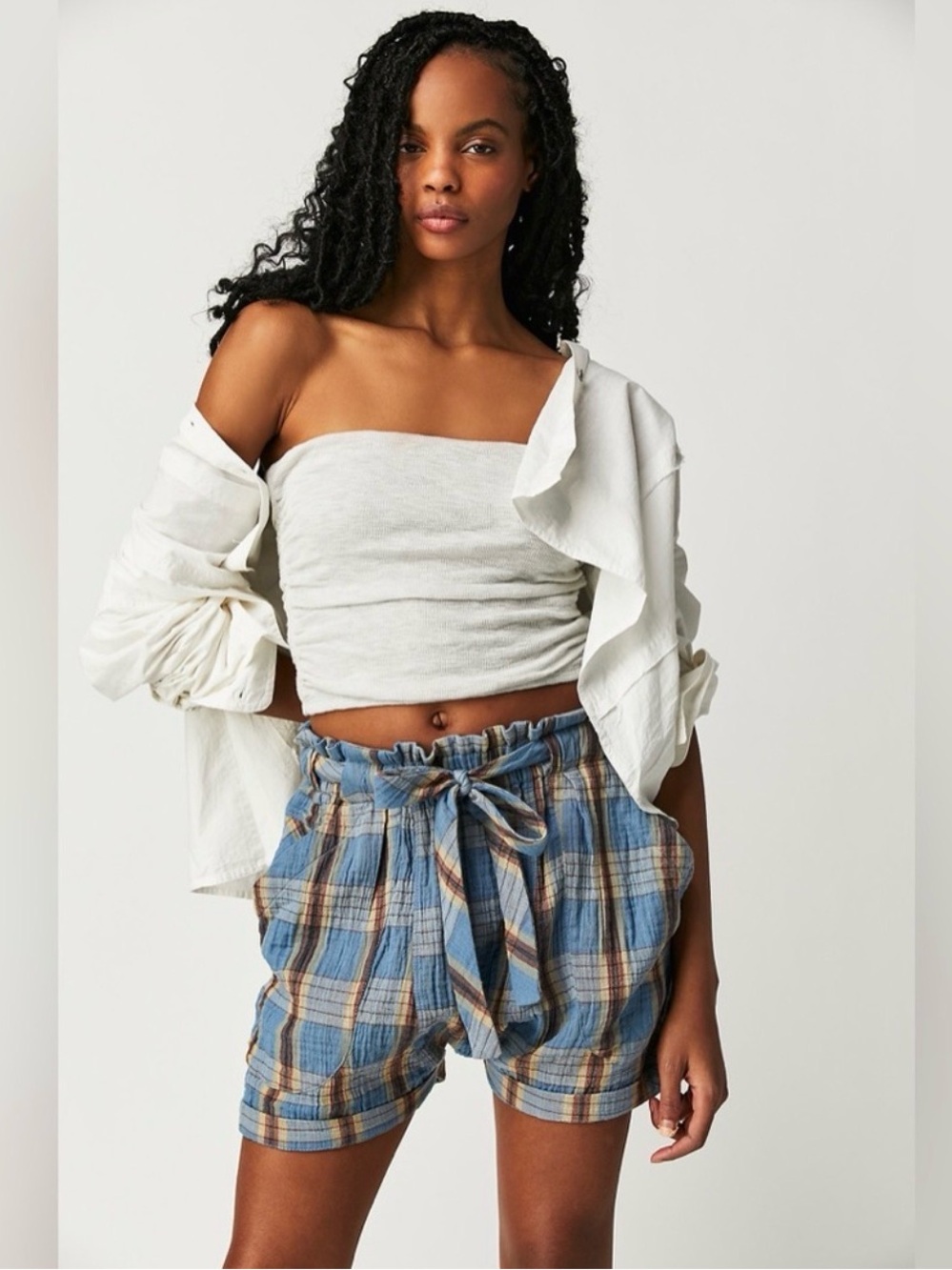 Free People Las Palmas Sailor Shorts Blue Orange Plaid Paperbag Waist Medium